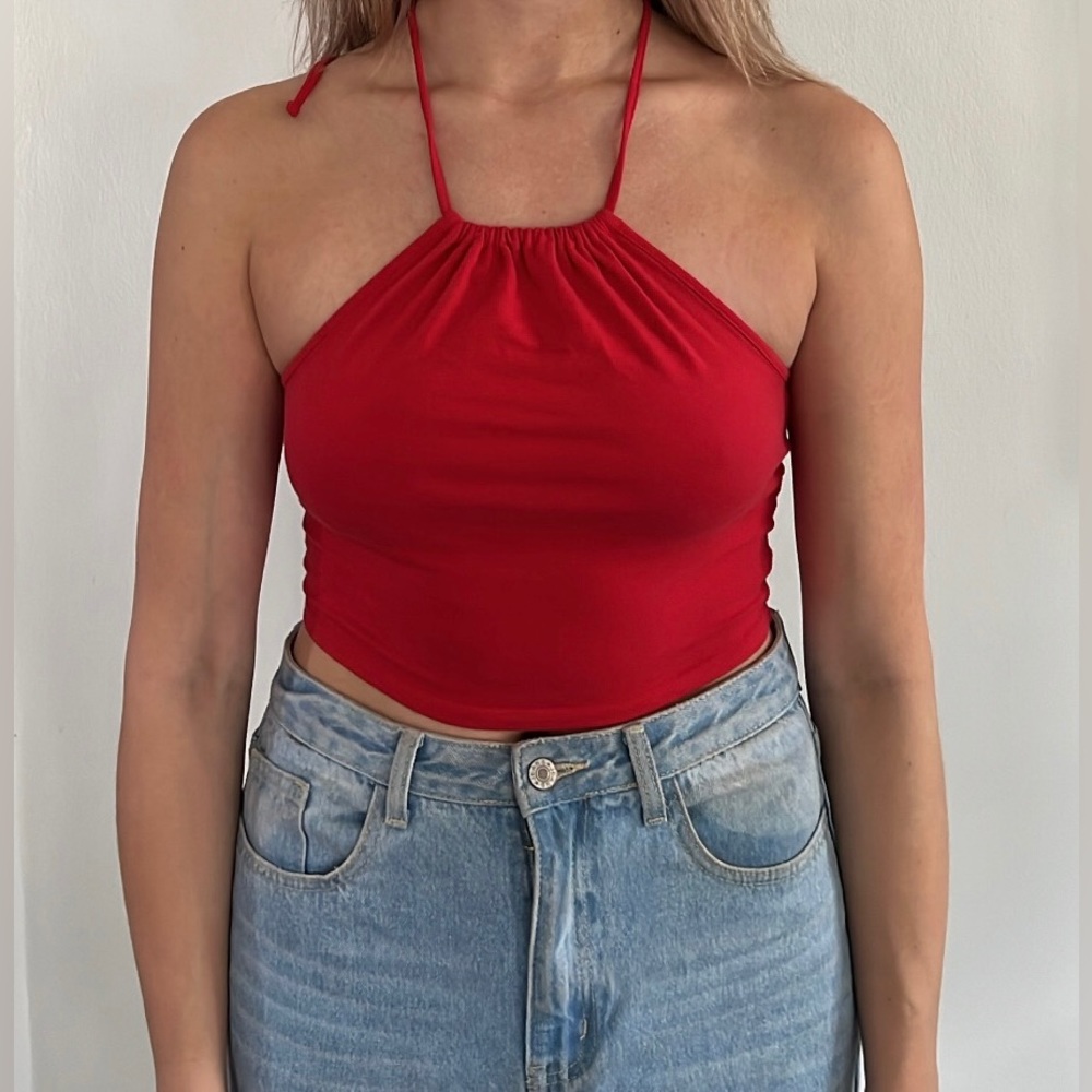 Red tie neck crop top
